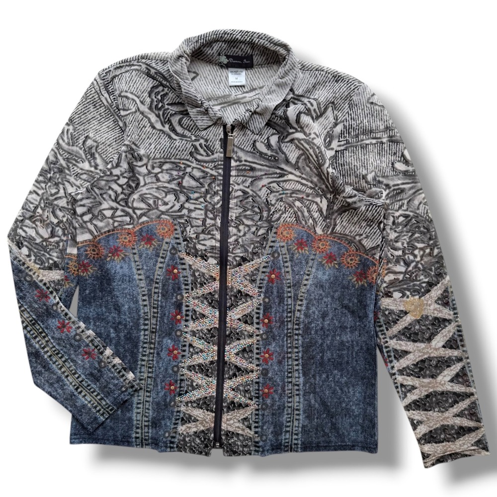Womens M Trompe L'oeil Corset Denim Print Zip Rhinestone Studded Mesh Jacket Y2K